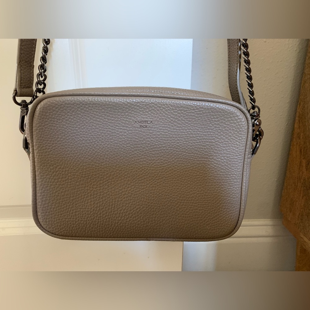 Angela Roi Pebbled Taupe Crossbody Bag with Chain Strap